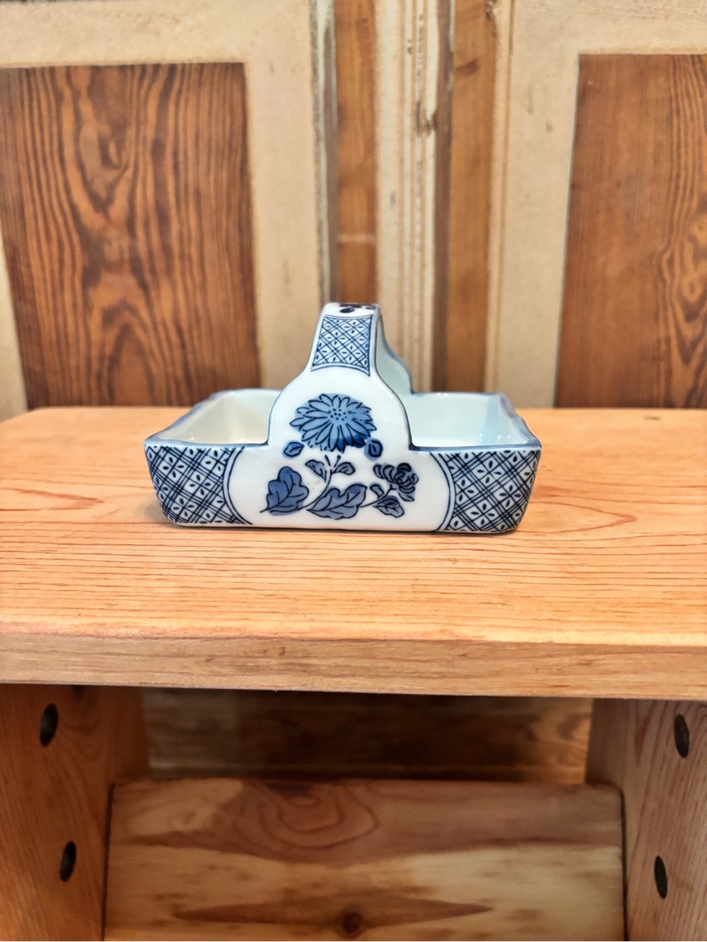 Blue and White Porcelain Floral Handle Basket
